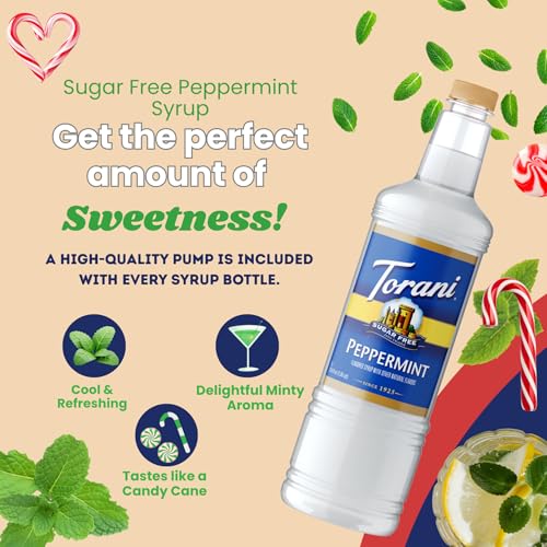 Image of Torani Sugar Free Peppermint Syrup 1 Liter Bottle with Pump Dispenser - Zero Sugar, Zero Calories, Keto Friendly, Gluten Free Mint Flavor for Coffee, Lattes, Cocktails, and Holiday Drinks