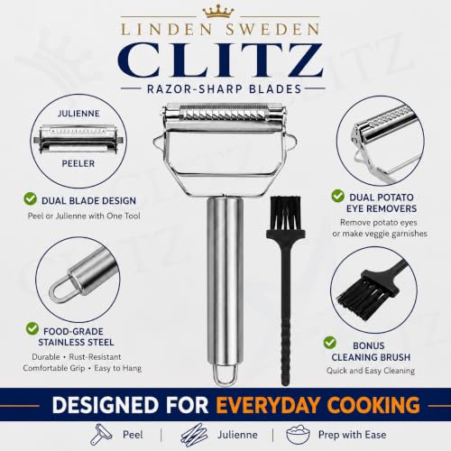 Image of Linden Sweden CLITZ 2 in 1 Stainless Steel Vegetable Peeler & Julienne Slicer with Cleaning Brush