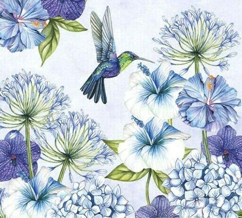 Set of 2 Individual Decoupag Paper Party Napkin HUMMINGBIRD BLUE FLORAL Watercolor Decor Luncheon Napkins for a Birthday holiday, Wedding, Cocktail