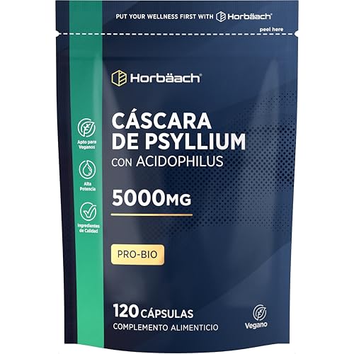 Psyllium Cápsulas 5000mg con Acidophilus | Cáscara de Psilio | Flora Intestinal & ProBio | 120 Cápsulas Veganas | Horbaach