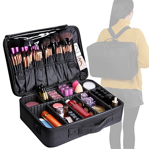 Valdler 3 Layer Large Makeup Bag Portable Travel Cosmetic Toile Organizer With Removable Divider Water Proof Multifunction 15.5inch Black