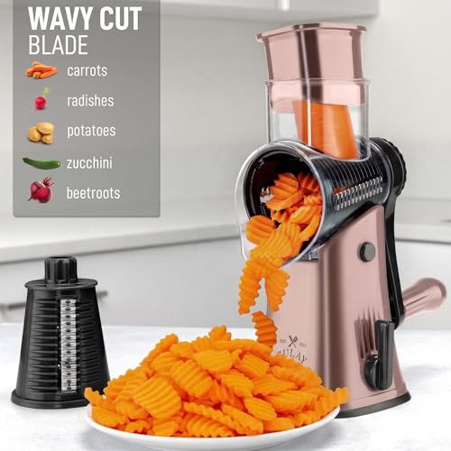 Image of Zulay Kitchen Rotary Cheese Grater 5 Blade Cheese Shredder - Manual Hand Crank Cheese Grater With Reinforced Suction & 5 Interchangeable Drums - Easy to Use, Vegetable Chopper Round Mandoline Slicer