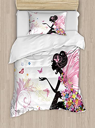 Ambesonne Fantasy Duvet Cover Set, Modern Silhouette in a Floral Wings Surreal Garden Flying Butterflies Print Blushy, Decorative 3 Piece Bedding Set with 2 Pillow Shams, Twin Size, Multicolor