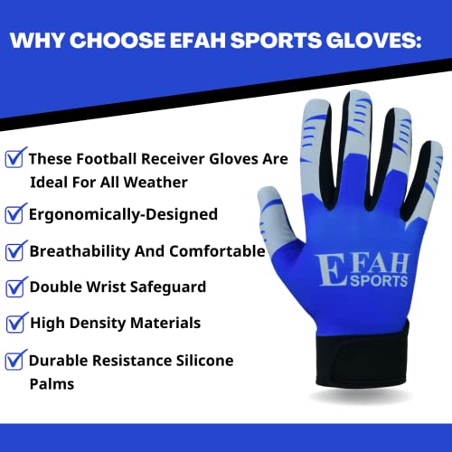 Efah Sports Football Receiver Gloves For Youth Kids Boys Children Adult Soccer Receiver Glove With Strong Silicone Grip Palms (Blue, L, Ambidextrous) #TOP4