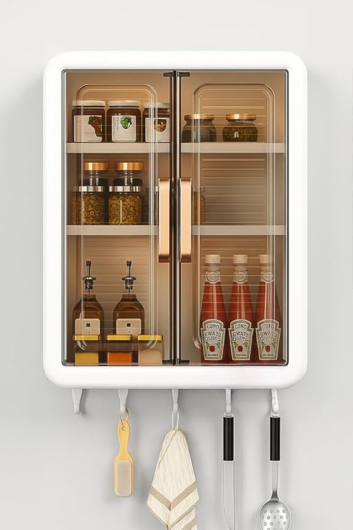 APSENTERPRISEe Wall Mounted Plastic Kitchen Storage Cabinet with Double Transparent Doors, Adjustable Shelf and Bottom Hooks – 40.5 cm Height