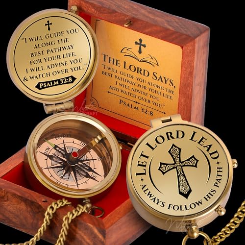 MYSTICKRAFT Engraved Brass Pocket Compass Gift - Psalm 32:8, First Communion Gifts, Baptism Gifts for Boys, Confirmation Gifts, Gifts for Men, Catholic Religious Christian Easter Gifts for Kids