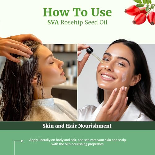 Image of SVA Organic Rosehip Seed Oil, Glass Bottle with Dropper, 4 Fl Oz (118 ml) | Rosehip Seed Oil for Face Care, Skin Care, Facial Oil, Body Massage, Hair Care, Scalp Massage, Nail Care & DIY Beauty Blends