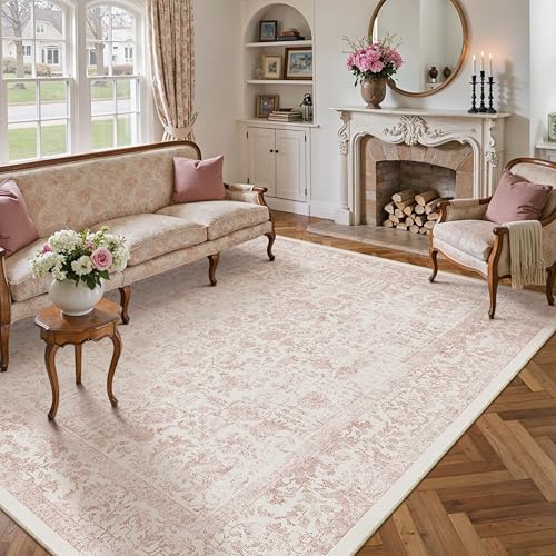 Pink Area Rug 6x9 Machine Washable Vintage Living Room Distressed Non Slip Carpet Traditional Indoor Bedroom Retro Floral Accent Throw Large Rug for Office Kitchen Dining Room