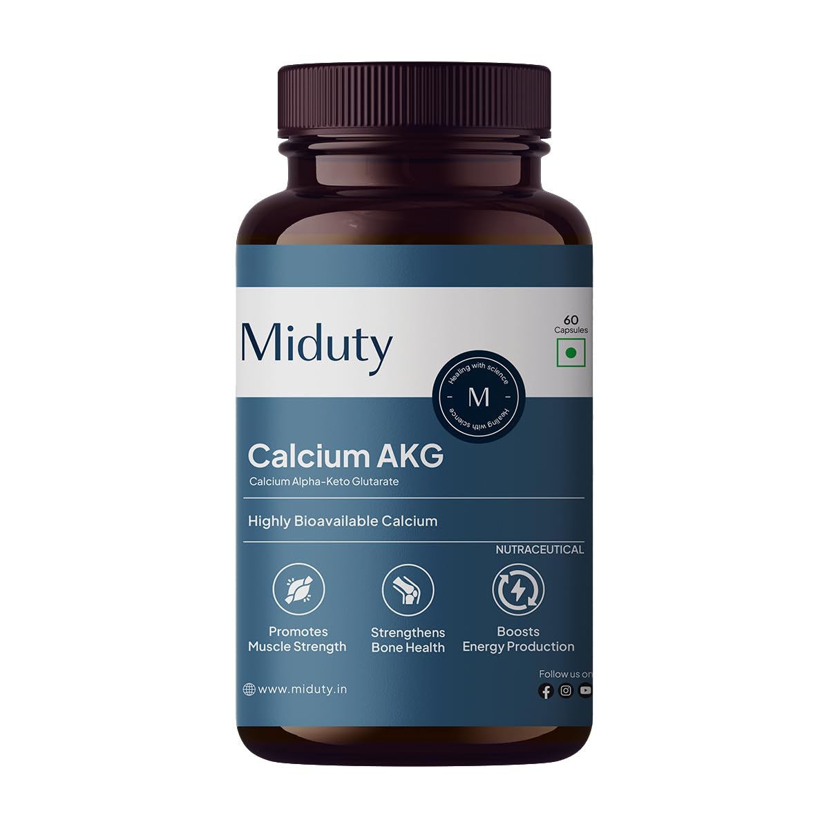 Miduty Calcium Alpha-Ketoglutarate (Ca-AKG) – 99% Stabilized Calcium AKG - Longevity & Bone Health Supplement For Men & Women – Supports Energy, Muscle Strength & Healthy Aging – 60 Veg Capsules-image-9