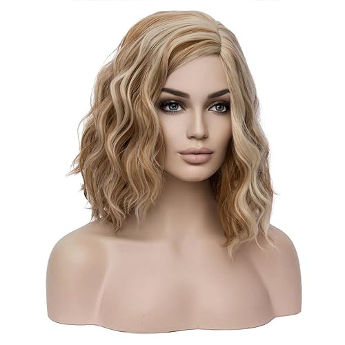 Miniatura 3 de BERON Peluca ondulada corta de 14 pulgadas para mujeres y niñas pelucas onduladas para fiestas uso diario Cosplay y Halloween color rubio amarronado