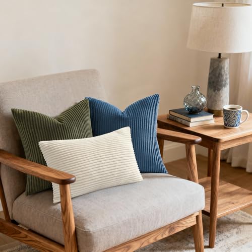 Image of Mecatny Corduroy Fall Decorative Throw Pillow Covers 24x24 Set of 2 for Sofa Living Room, Soft Neutral Boho Couch Pillow Covers for Home Decor, Olive Green