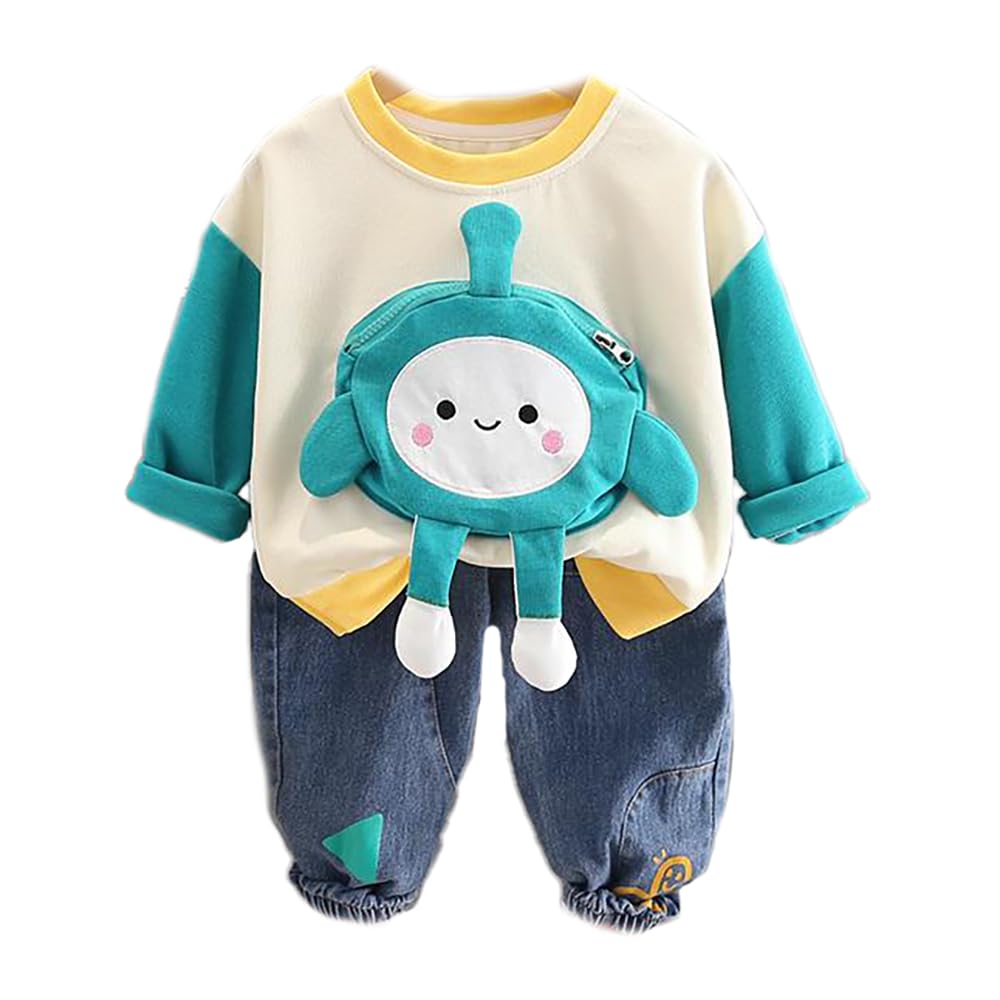 Bold N ElegantUnisex Kid Cotton Printed Full Length Uptown 3D Cartoon Pocket Pouch T-Shirt Sweatshirt And Jeans Party Dress