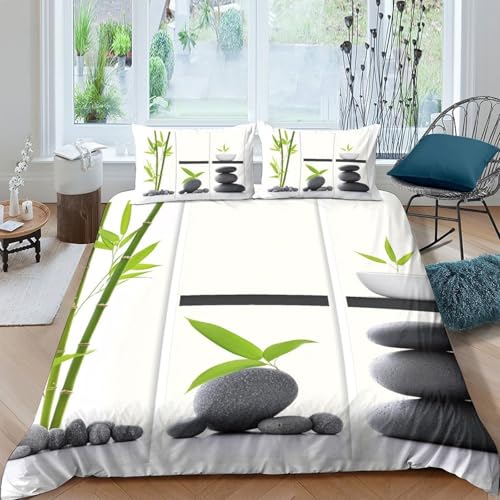 JQZRXKPNHB Parure de Lit 3D Imprimée Zen Microfibre Housse de Couette Bambou Galets Déco Chambre Doux Respirable pour Maison King（220x240cm）