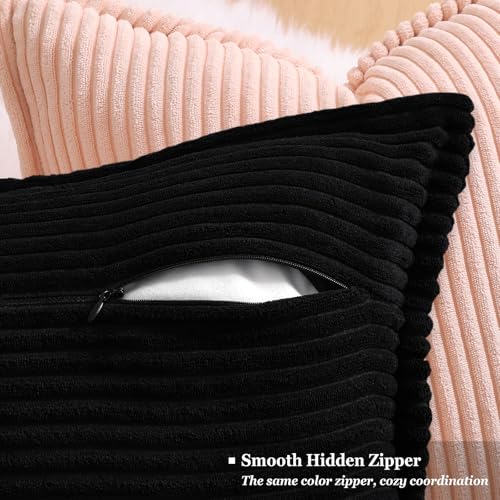 decorUhome Corduroy Black Throw Pillow Covers 16x16 Set of 2 Decorative Soft Boho Striped Neutral Euro Farmhouse Couch Pillow Cases with Broadside for Living Room Bed Sofa