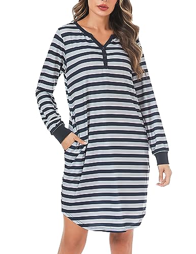 Nieery Camisones Mujer Algodón Manga Larga iInvierno Tallas Grandes Cuello en V Camisón Rayas con Bolsillos S-3XL
