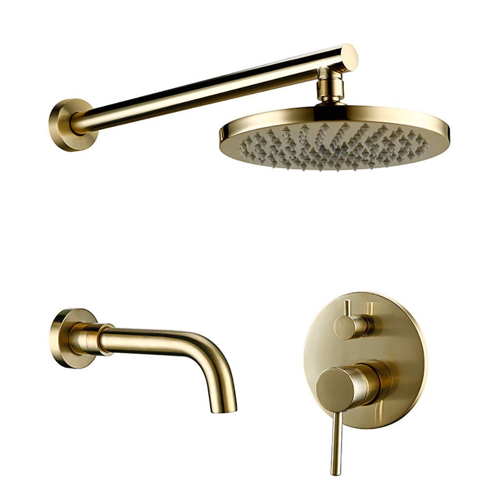 AYCDL Brushed Gold Brass Wall Mount Bathroom Shower Faucet Set with 8-12 Inch Brass Round Rainfall Shower Head and Tub Taps, Luxury Shower Set,8 Inch,8 inch,size_name-12 Inch