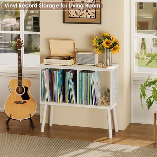 Image of Record Player Stand, Large Vinyl Record Storage with Adjustable Divider, Holds Up to 200 Albums, Multifunctional Vintage Turntable Stand for Living Room & Bedroom, Patent Pending