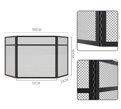 Kingson 3-Paneel-Kaminschirm mit flacher Oberseite – Schwarz pulverbeschichteter Stahl mit Klavierscharnieren über die gesamte Länge – Funkenschutz-Kaminschirm – Kinder- und haustiersicher – B100 x