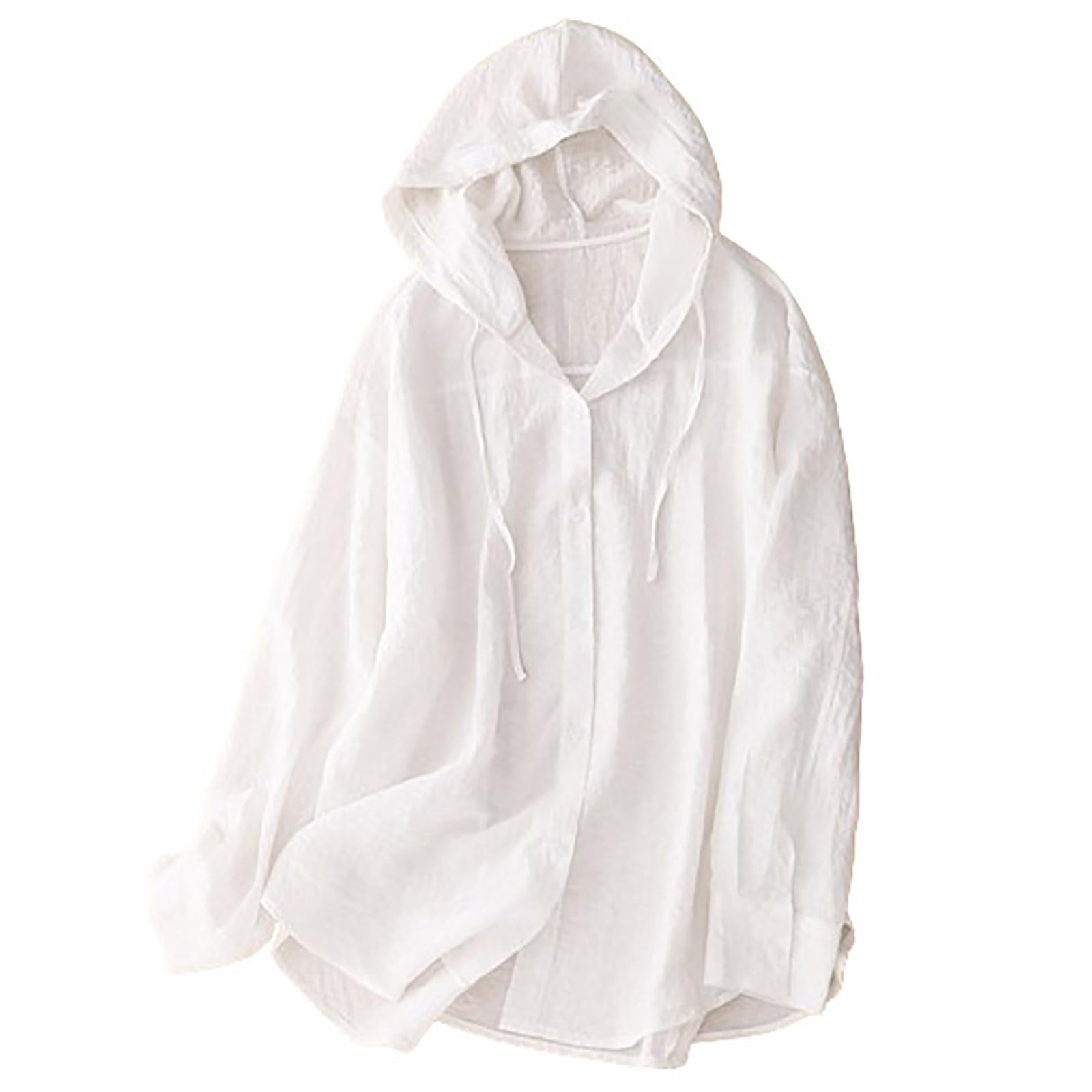 Women's Cotton Linen Sun Protection Shirts Hoodie Long Sleeve Button Down Cardigan Lightweight Summer Cover Up Tops White