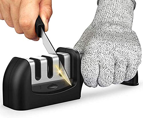 Kitchen Knife Sharpener - IXIGER 3 Stage Knife Sharpening Tool Sharpens Chef's Knives - Kitchen Accessories Help Repair, Restore and Polish Blades Quickly, Food Safety Cut Resistant Glove Included