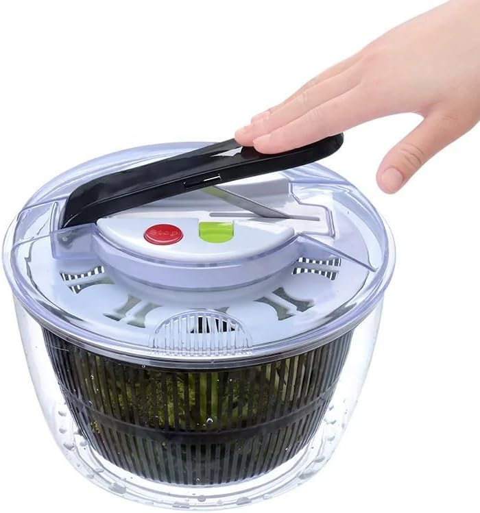 5L Drain Lettuce and Vegetable Salad Spinner – Plastic Salad Tools Manual Lettuce Spinner with Secure Lid, Rotary Handle, Vegetable Dryer, Fruit Washer, Fries Spinner (Black)
