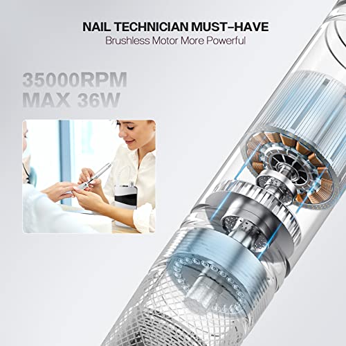 Image of Belle Professional Nail Drill Machine - 35000RPM Brushless Motor Electric Nail File for Acrylic /Gel Nails, Portable E-File with 6 Drill Bits & Sanding Bands, Salon & Home Use Manicure Pedicure Kit