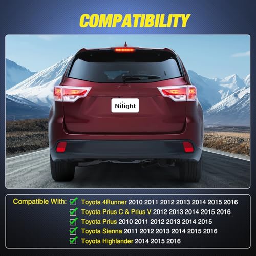 Image of Nilight Third Brake Light Tail High Mount 3rd Stop Lights Smoked Lens for Toyota 4Runner 2010-2016 Highlander 2014-2016 Prius 2010-2015 Prius C Prius V 2012-2016 Sienna 2011-2016 Van SUV Rear Cab