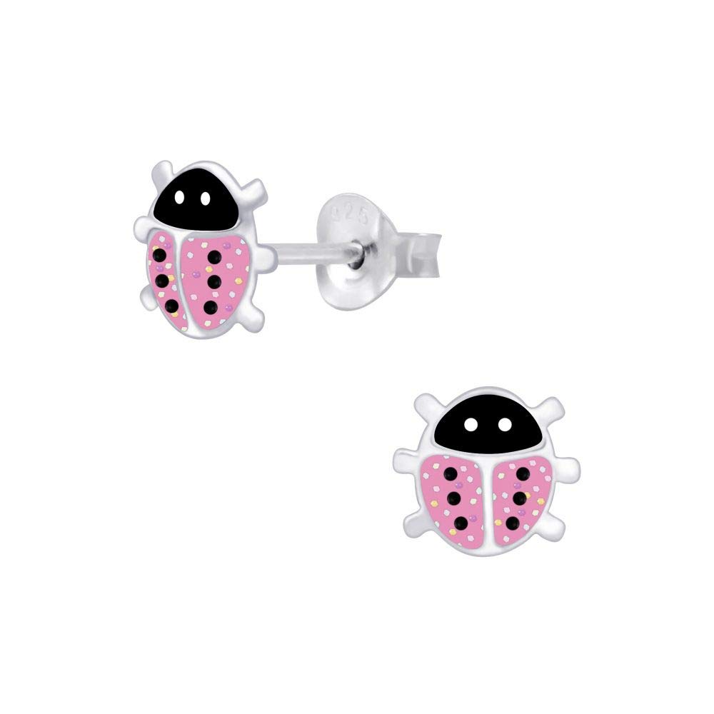 LaimonsPendientes para niña con diseño de mariquita, 6 mm, color rosa y negro, plata de ley 925