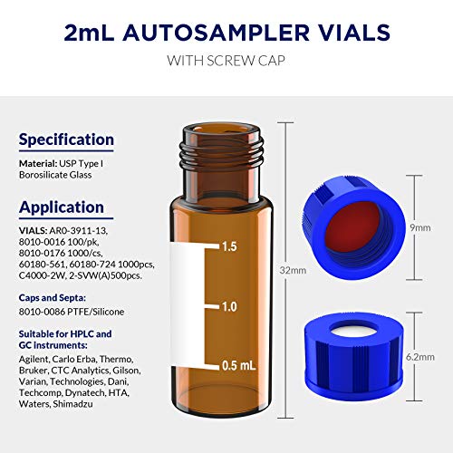 Image of 2mL Autosampler Vials, 9-425 HPLC /GC Amber Vials with Screw Cap, 500 Pcs | 2mL HPLC Vials with Writing Area and Graduations, Screw Cap, Red PTFE & White Silicone Septa