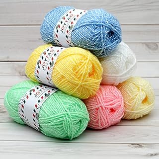 6 Pack Crochet Knitting Acrylic Yarn Sparkle Metallic Glitter Soft Baby Yarn for Crocheting and Knitting White Pink Lemon Yellow Blue Mint Green Sparkle Worsted Baby Party Yarn Solid(300G)