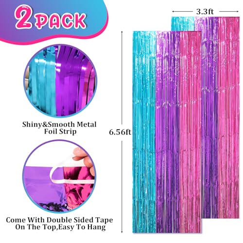 Image of Voircoloria 2 Pack Blue Purple Pink Foil Fringe Backdrop Curtains, Tinsel Streamers Party Decorations, Fringe Backdrop, Door Shimmer for Mermaid or Birthday Party