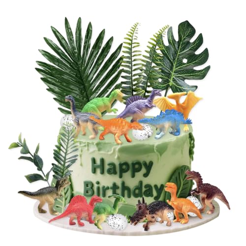 22 PCS Dinosaur Cake Toppers Dinosaur Birthday Decorations Dinosaur Cake Decorations with Coconut Trees Green Leaves Boys Jungle Cake Decorations