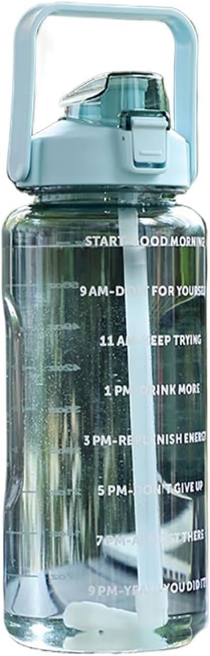 Botella de agua deportiva con pajita, jarra de agua de gran capacidad de 2 litros con marcador de tiempo y asa para gimnasio y correr