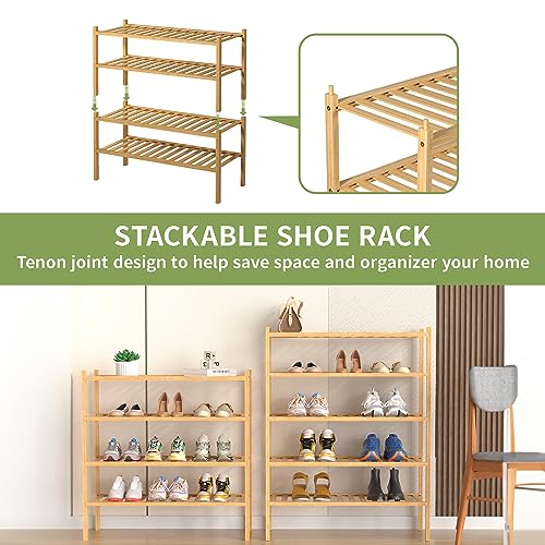 5 Tier Bamboo Shoe Rack for Closet Free Standing Wood Shoe Shelf for Entryway Small Space Stackable 27"x11"x33" (Natural)