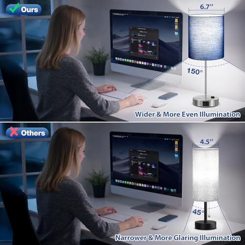 Blue Touch Lamps for Nightstand Set of 2 - Bedside Table Lamp for Bedroom with Dual USB Ports & AC Outlet, 3-Way Dimmable Lamps for Living Room Boys Room, Night Light with 5000K Daylight Bulbs - Image 3
