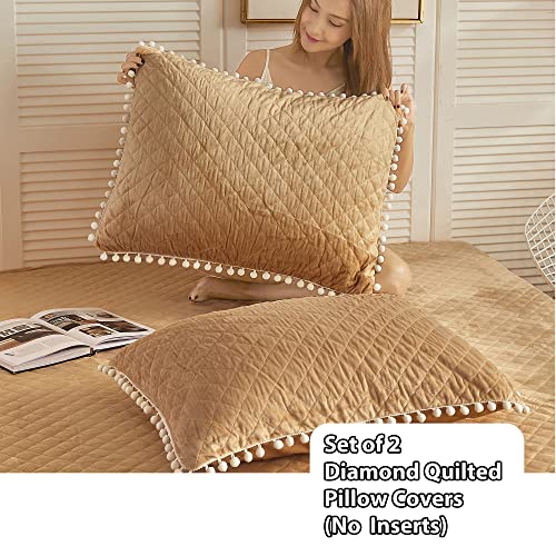 Liferevo 2 Pack Diamond Quilted Velvet Bed Pillowcases, Pom Poms Fringe Decorative Throw Pillow Shams Set Of 2, Soft Bed Pillow Cases Zipper Closure For Teen's Girls Bedroom (Camel, Standard/Queen) #TOP1