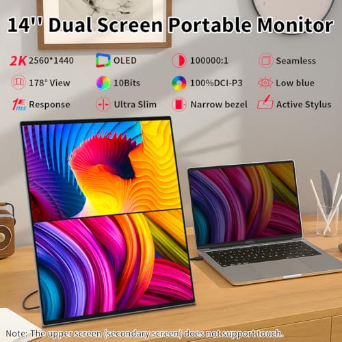 Image of Dual Monitor 14 Inch 2K OLED,Portable Touch Monitor for Laptop Extender| 2K |100% DCI P3|Plug-Play|Stand- VESA| |Slim-Frameless| Computer Triple Display Laptop PC Windows Mac