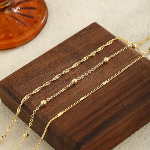 Image of 2 /3 PCS Gold Anklets for Women Waterproof Cuban Link Anklet Beaded Bracelets Stackable Bracelets 14K Gold Plated Custom Jewelry Gifts Non Tarnish Lightweight
