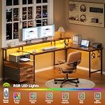 66'' L Shaped Desk with Power Outlets and USB-C Port, Reversible Office Desk with drawers and Storage Shelves, Computer desk with Led Lights and Host stand for Home Office, Gaming, Work, Rustic Brown - Image 5