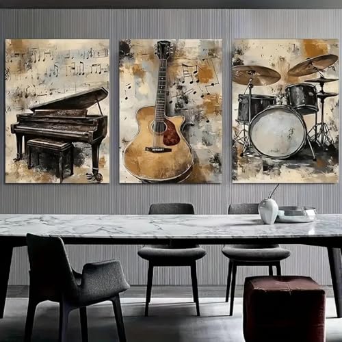 Toile murale vintage musique salon chambre décoration triptyque 3 panneaux