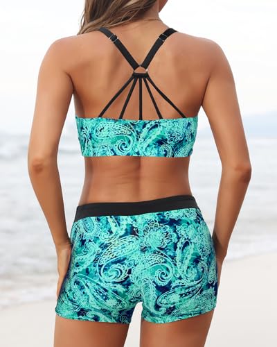 Image of 3 Piece Swimsuits Open Tie Back Tankini Top And Athletic Swim Shorts | Supportive Strappy Swim Bra, Adjustable Straps, Removable Pads, Tummy Control Boyshorts, Quick Dry Fabric, XXS-20 Plus