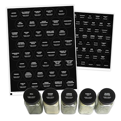 Modern Style Round Black Spice Labels Stickers Preprinted Waterproof by Paper & Pear - Oil Resistant Kitchen Pantry Labels for Home Improvement - 1.35 Inches Pantry Stickers - Set of 80 (No Jars)