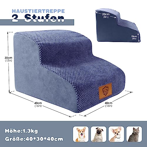 Thihome Hundetreppe 2 Stufen, rutschfest Hundetreppe für kleine Hunde, wasserdichte Katzentreppe mit Bett & Sofa, Haustiertreppe mit Seitliches Aufbewahrungsnetz, Blau