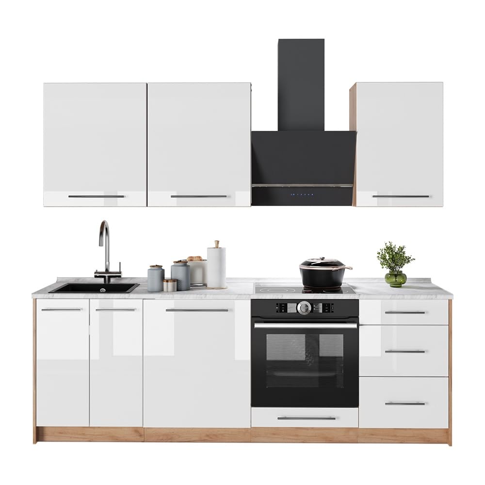 Vicco Küchenzeile Fame-Line, Weiß Hochglanz/Goldkraft Eiche, 230 cm