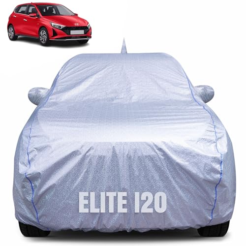 Image of 100% Waterproof Car Body Cover for Hyundai Elite i20 (2014-2020) with Mirror Pocket, Heat & UV Resistant, Triple Stitched, Soft Lining, Bottom Elastic & Piping (Silver Reflective)