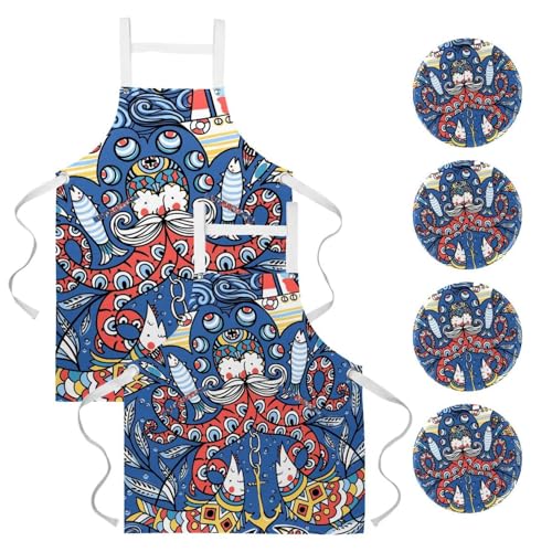 Tablier de cuisine pour nettoyage de la maison et restaurant imprimé pieuvres et poissons