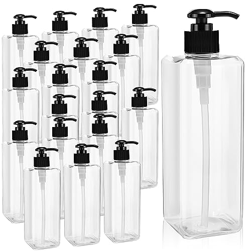 20 Pack 16oz/ 500ml Plastic Empty Bottles Refillable Shampoo Containers with Pump Lightweight Square Soap Dispenser Bottles for Essential Lotions, Shampoos, Conditioner, Massage Oil (Clear, Black)