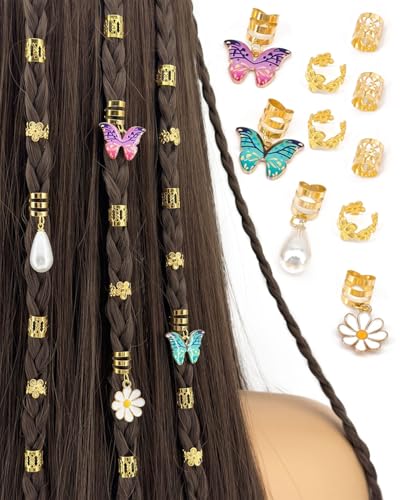 FUGLUS 34 PCS haarschmuck festival,Set Haarschmuck für Zöpfe, haarschmuck, Schmuck für Haar, Manschetten-Clips für Dreadlock-Zubehör, Haarspiralen Clips Haarschmuck für Dreadlocks für Mädchen Zöpfe