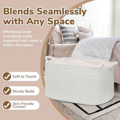 Goodpick Large Blanket Basket Living Room, Storage Baskets for Organizing, Woven Rope Laundry Basket for Toy Storage, 21.6" x 14.9" x 11.8", White