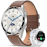 Smartwatch Herren mit Telefonfunktion, Armbanduhr mit Pulsmesser Schlafmonitor WhatsApp Notifications, IP67 Wasserdicht Sportuhr Fitness Tracker Kalorien Schrittzähler Android iOS, Brown Leather, 46mm